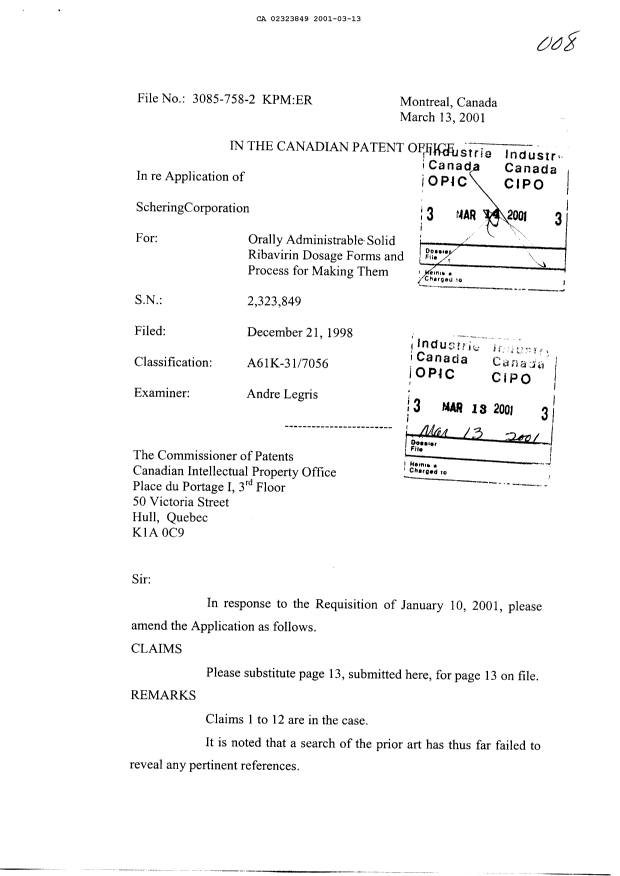 Canadian Patent Document 2323849. Prosecution-Amendment 20010313. Image 1 of 6