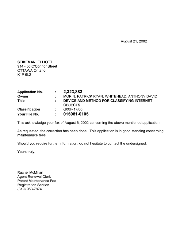 Canadian Patent Document 2323883. Correspondence 20011221. Image 1 of 1