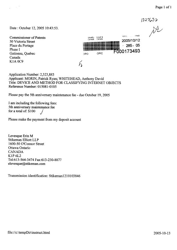 Document de brevet canadien 2323883. Taxes 20041212. Image 1 de 1