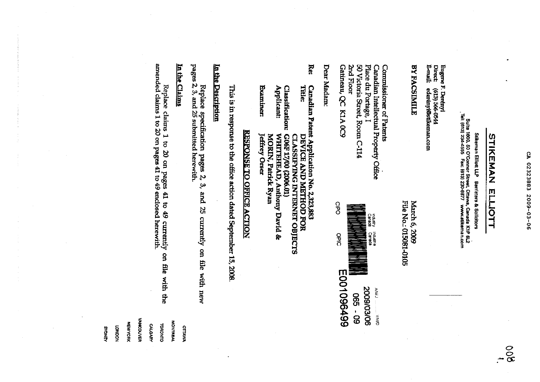 Canadian Patent Document 2323883. Prosecution-Amendment 20081206. Image 1 of 16
