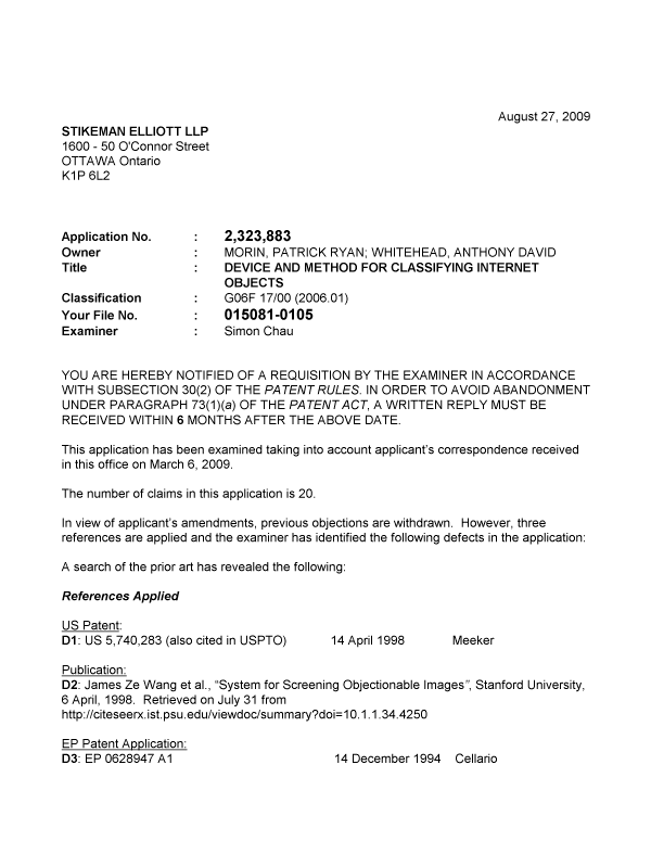 Canadian Patent Document 2323883. Prosecution-Amendment 20081227. Image 1 of 3