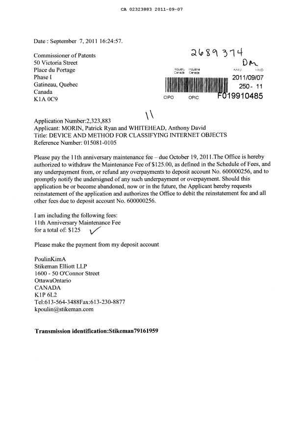 Document de brevet canadien 2323883. Taxes 20110907. Image 1 de 1