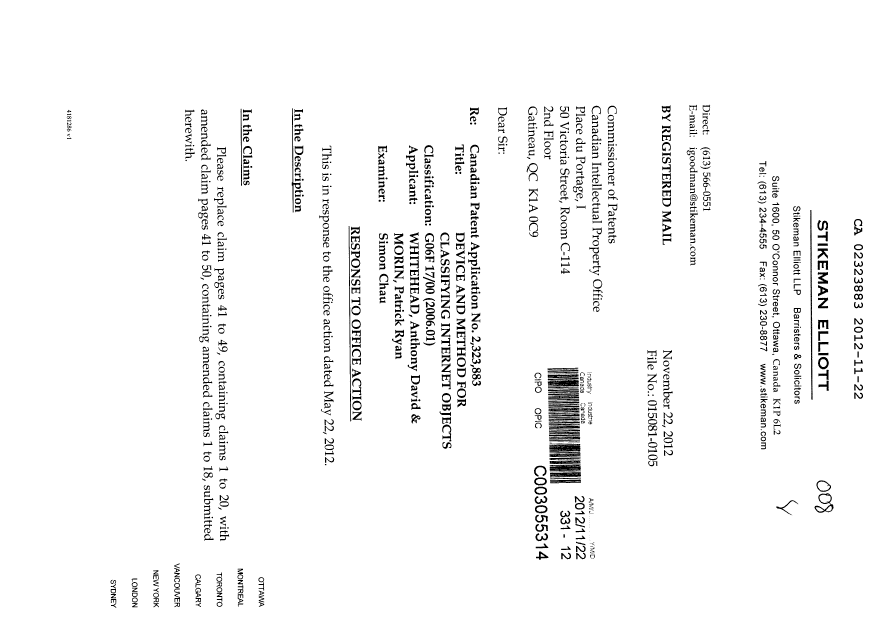 Canadian Patent Document 2323883. Prosecution-Amendment 20121122. Image 1 of 15