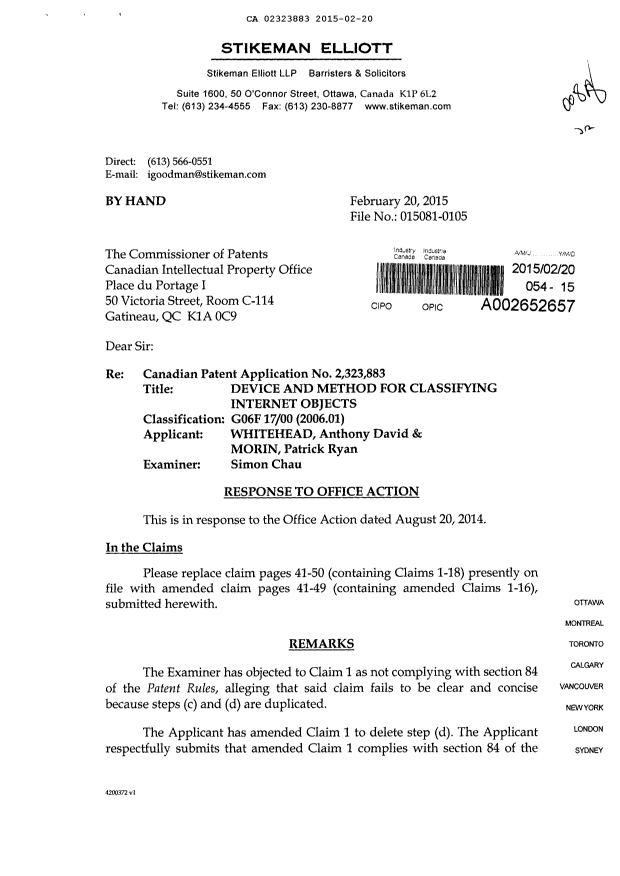 Canadian Patent Document 2323883. Prosecution-Amendment 20141220. Image 1 of 11