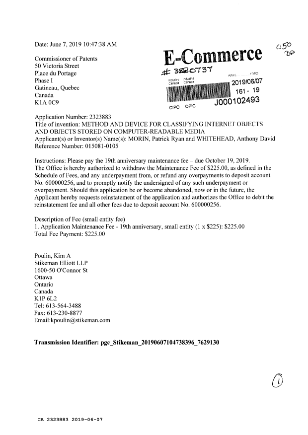 Document de brevet canadien 2323883. Paiement de taxe périodique 20190607. Image 1 de 1