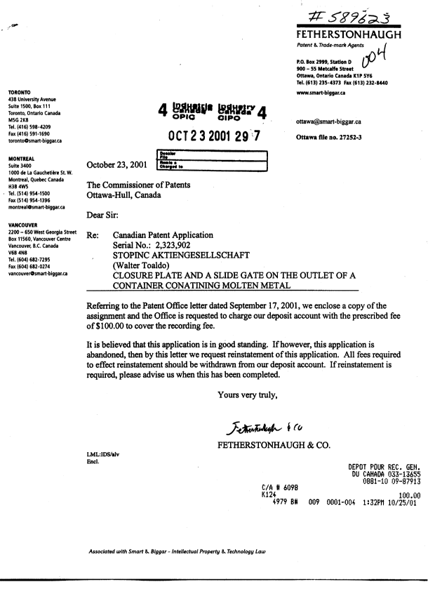 Document de brevet canadien 2323902. Cession 20011023. Image 1 de 2