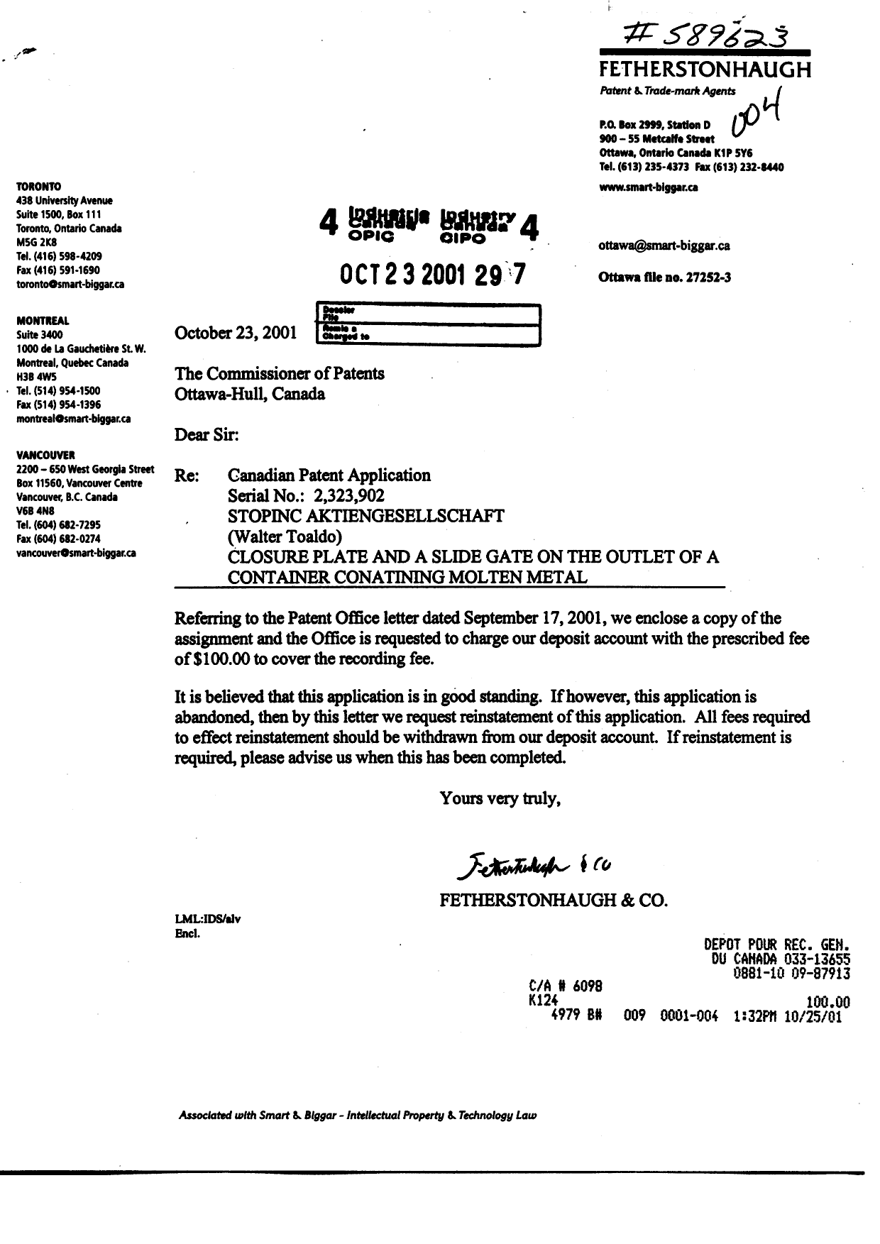 Canadian Patent Document 2323902. Assignment 20011023. Image 1 of 2