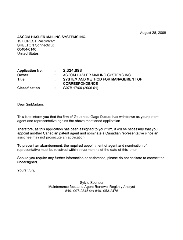 Canadian Patent Document 2324098. Correspondence 20080828. Image 1 of 1