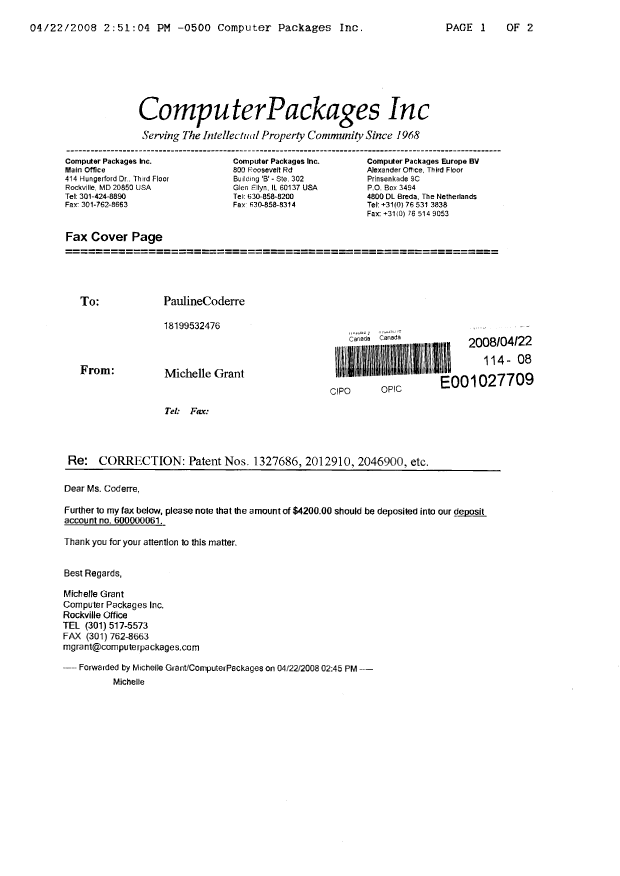Document de brevet canadien 2324222. Correspondance 20080422. Image 1 de 2