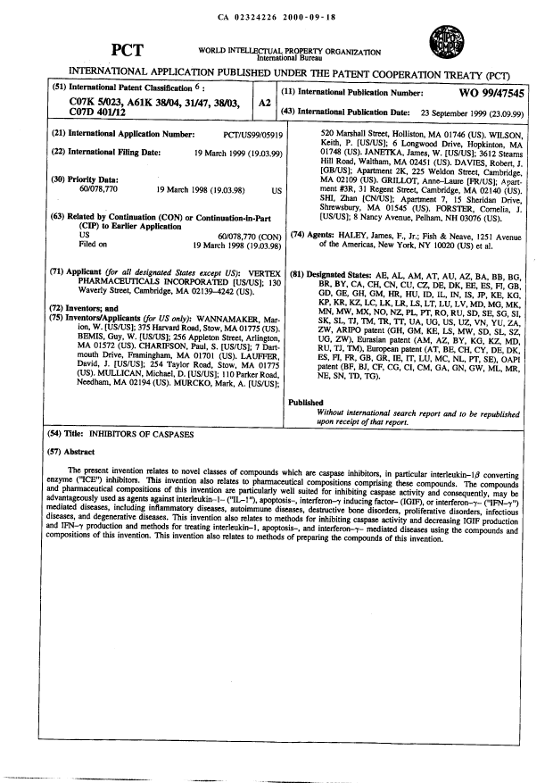 Document de brevet canadien 2324226. Abrégé 20000918. Image 1 de 1