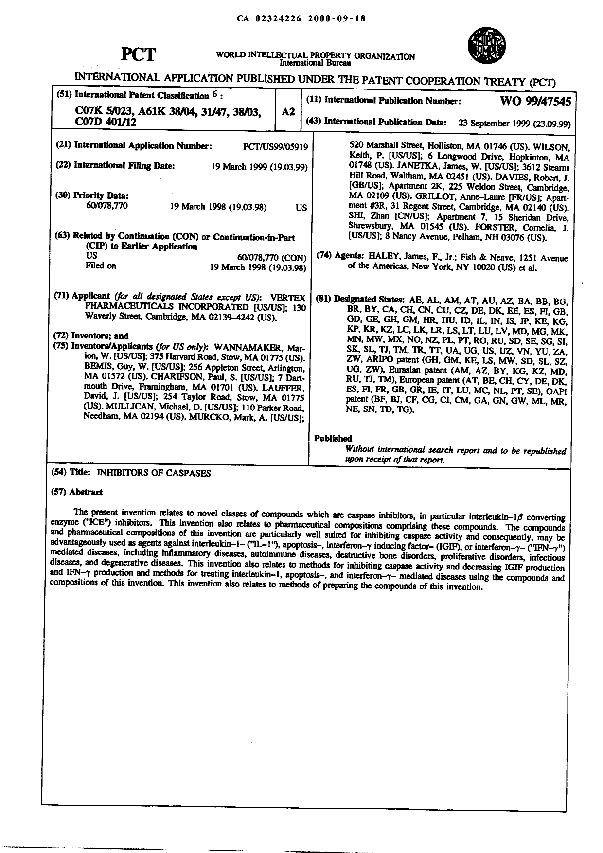 Canadian Patent Document 2324226. Abstract 20000918. Image 1 of 1