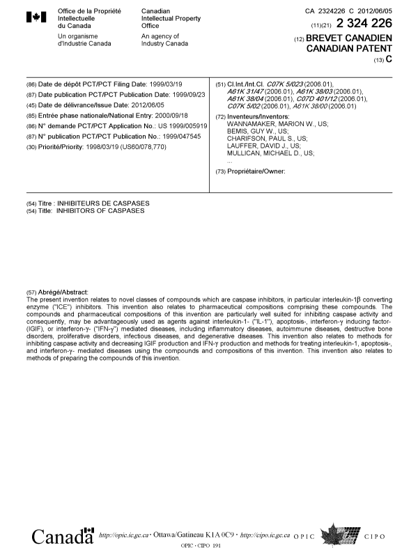 Document de brevet canadien 2324226. Page couverture 20120508. Image 1 de 1