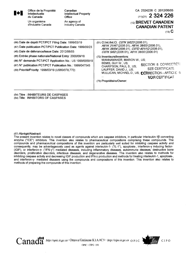 Document de brevet canadien 2324226. Page couverture 20121115. Image 1 de 2