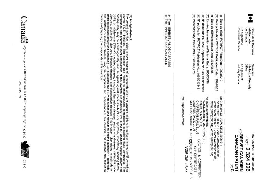Canadian Patent Document 2324226. Cover Page 20121115. Image 1 of 2