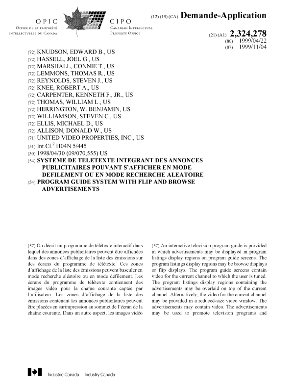 Document de brevet canadien 2324278. Page couverture 20001220. Image 1 de 2