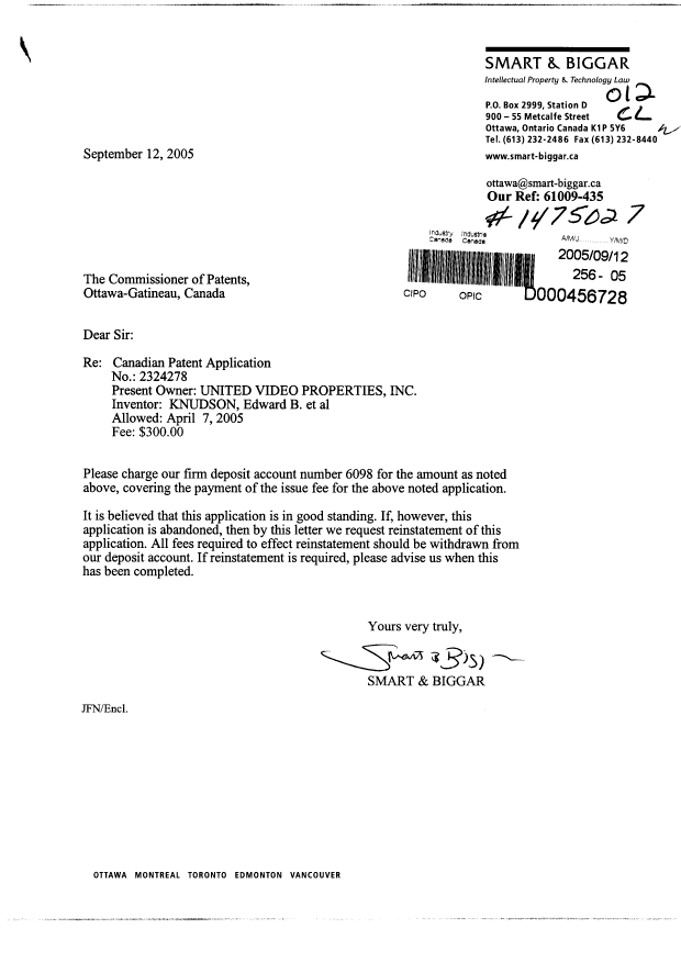 Document de brevet canadien 2324278. Correspondance 20050912. Image 1 de 1