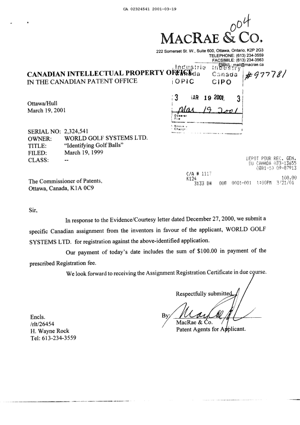 Document de brevet canadien 2324541. Cession 20010319. Image 1 de 2