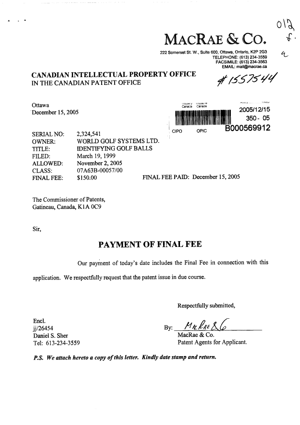 Document de brevet canadien 2324541. Correspondance 20051215. Image 1 de 1