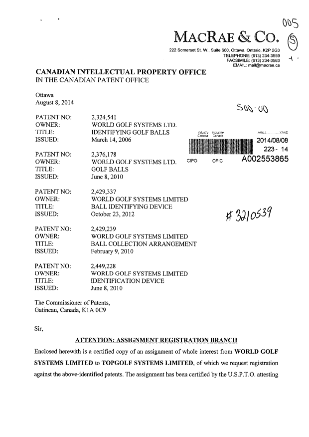 Document de brevet canadien 2324541. Cession 20140808. Image 1 de 16