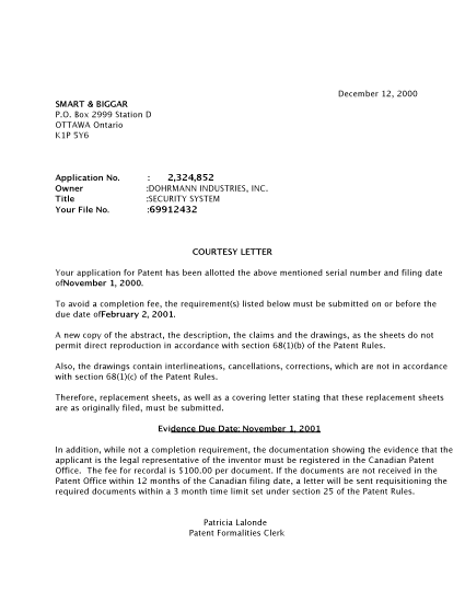 Canadian Patent Document 2324852. Correspondence 19991208. Image 1 of 2
