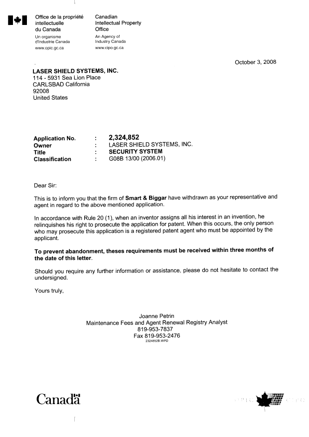 Canadian Patent Document 2324852. Correspondence 20071220. Image 1 of 2