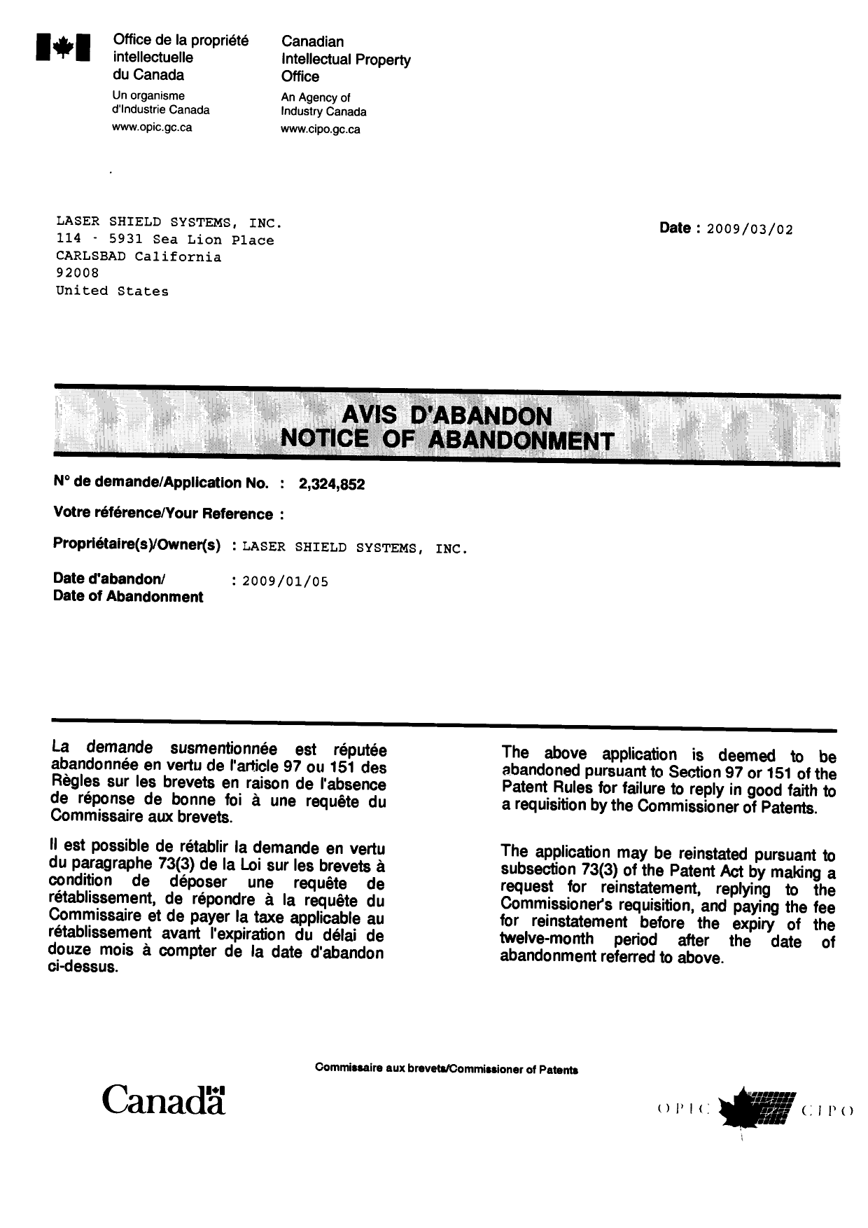 Canadian Patent Document 2324852. Correspondence 20081202. Image 1 of 1