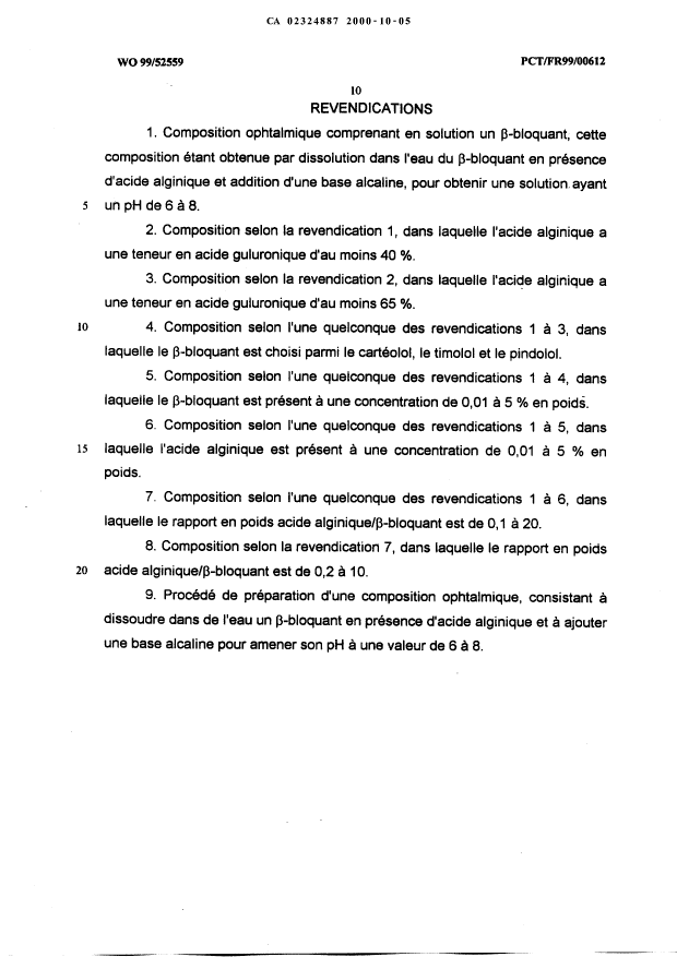 Document de brevet canadien 2324887. Revendications 20001005. Image 1 de 1