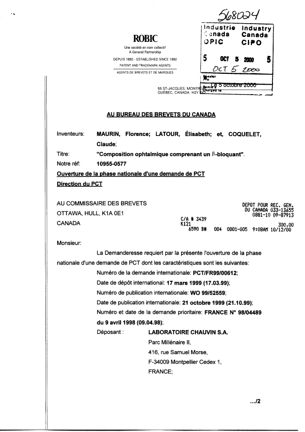 Document de brevet canadien 2324887. Cession 20001005. Image 1 de 5