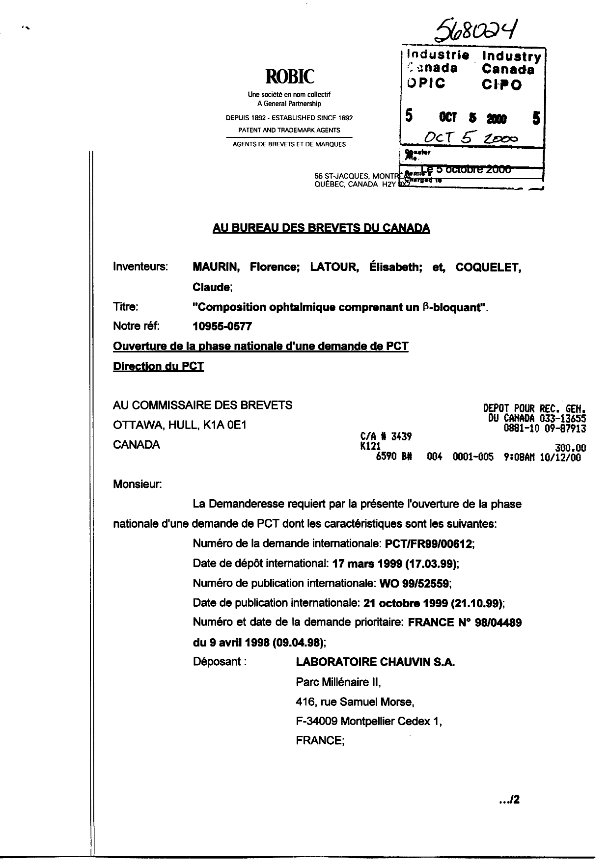 Canadian Patent Document 2324887. Assignment 20001005. Image 1 of 5