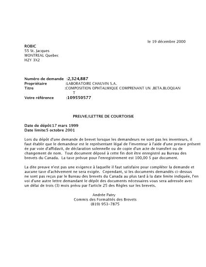 Document de brevet canadien 2324887. Correspondance 20001214. Image 1 de 1