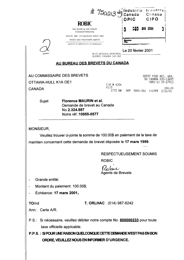 Document de brevet canadien 2324887. Taxes 20010220. Image 1 de 1