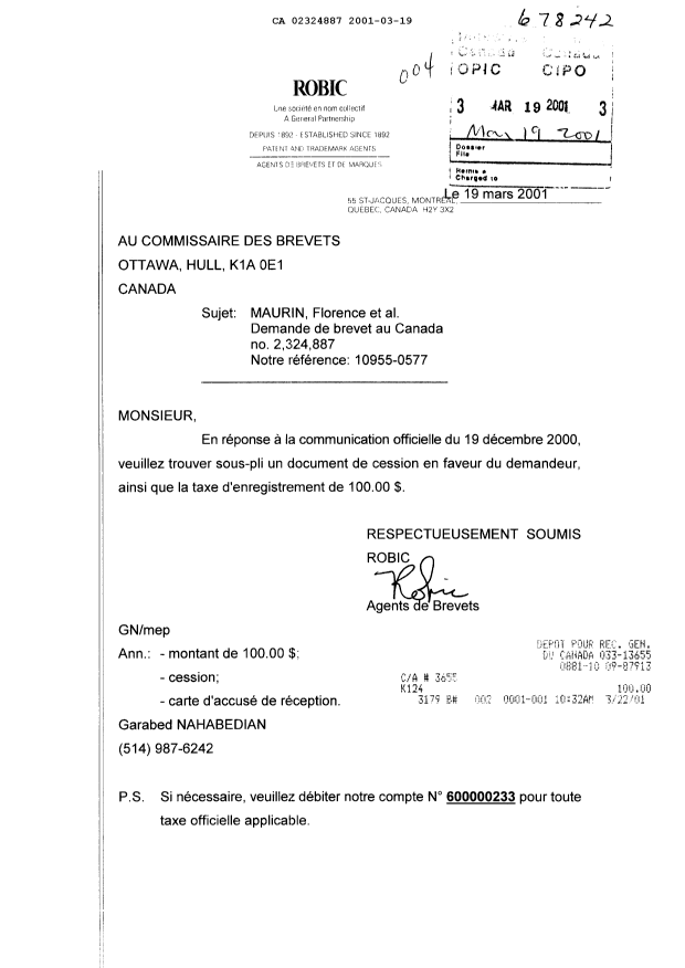 Document de brevet canadien 2324887. Cession 20010319. Image 1 de 2