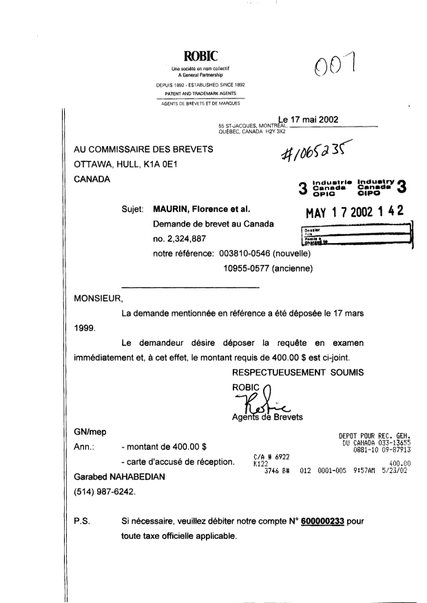 Document de brevet canadien 2324887. Poursuite-Amendment 20020517. Image 1 de 1