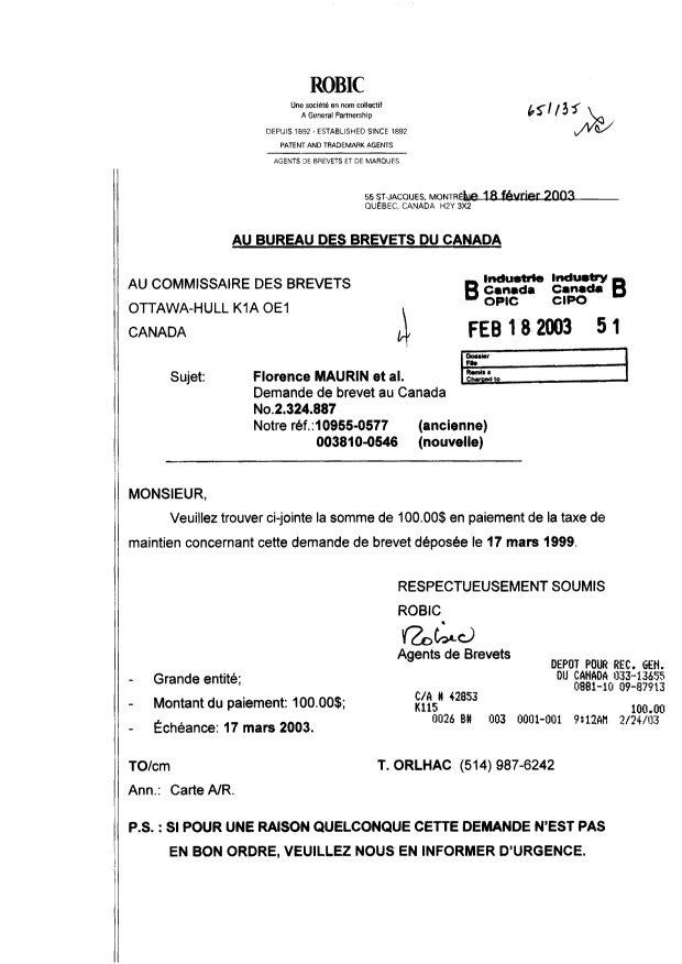 Document de brevet canadien 2324887. Taxes 20030218. Image 1 de 1