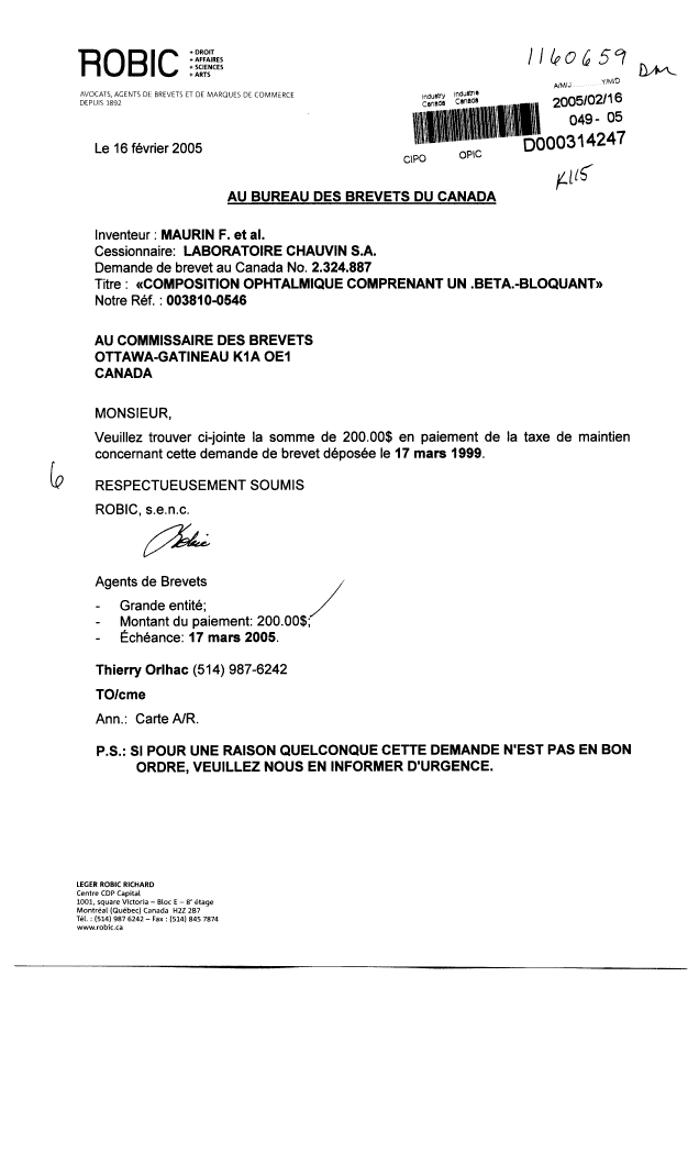 Document de brevet canadien 2324887. Taxes 20050216. Image 1 de 1