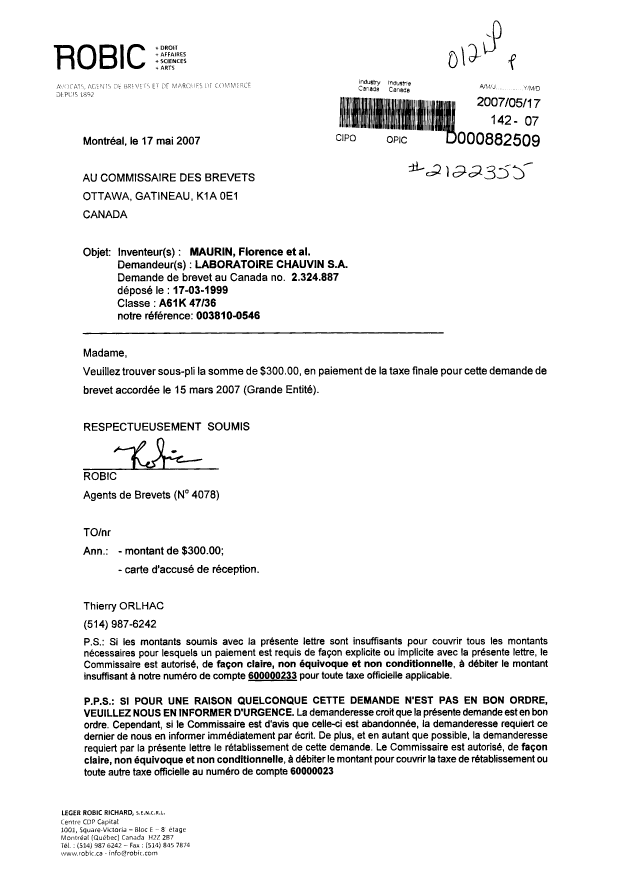 Document de brevet canadien 2324887. Correspondance 20070517. Image 1 de 1