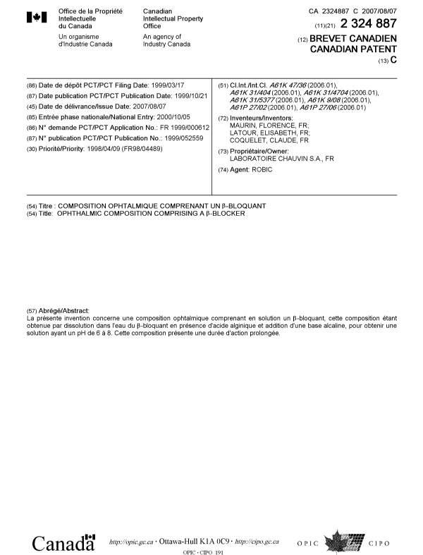 Document de brevet canadien 2324887. Page couverture 20070716. Image 1 de 1
