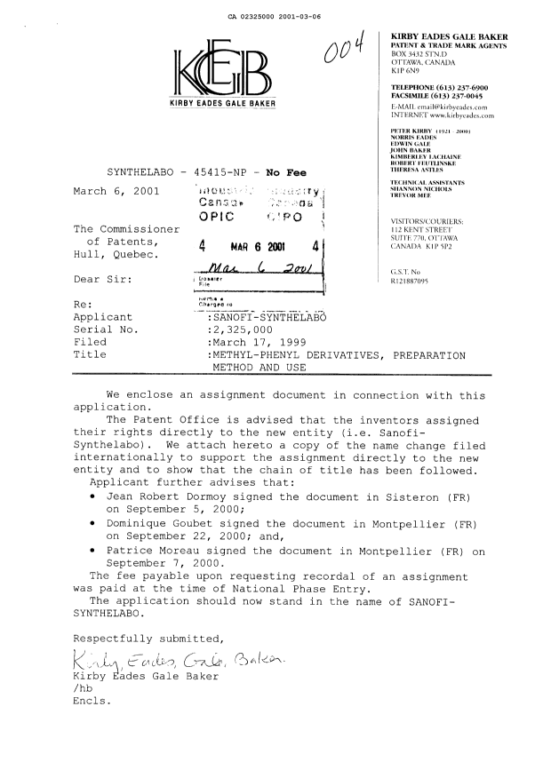 Document de brevet canadien 2325000. Cession 20010306. Image 1 de 8