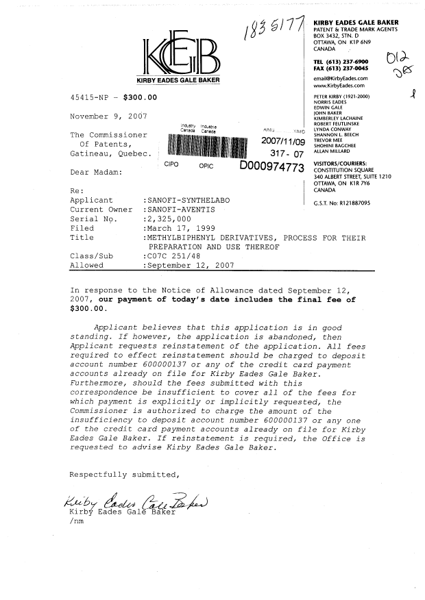 Document de brevet canadien 2325000. Correspondance 20071109. Image 1 de 1