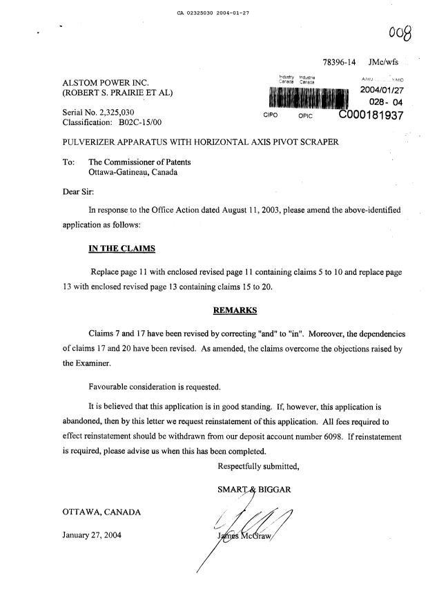 Canadian Patent Document 2325030. Prosecution-Amendment 20040127. Image 1 of 3
