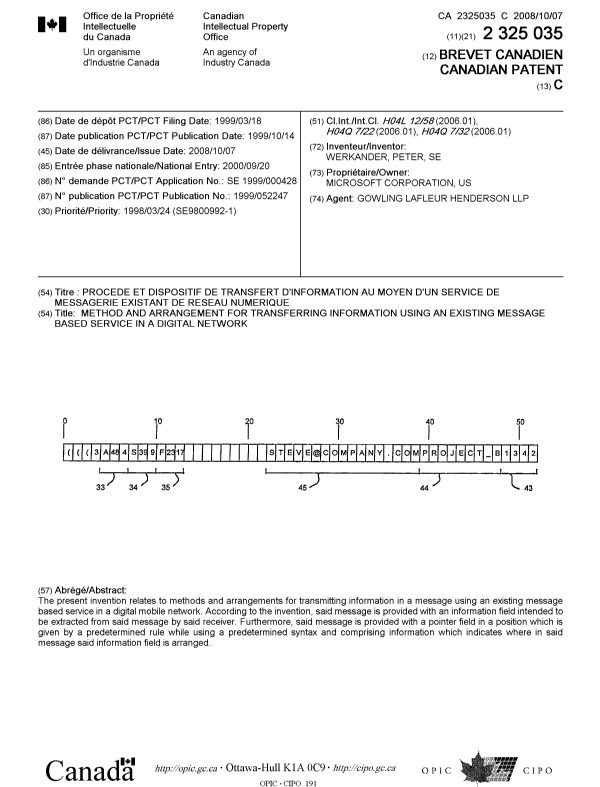 Document de brevet canadien 2325035. Page couverture 20080919. Image 1 de 1