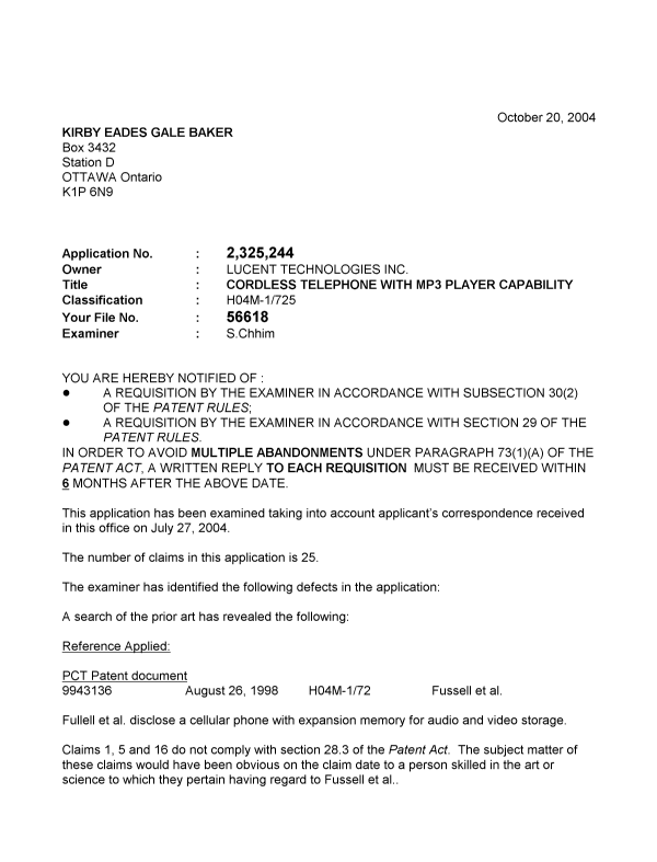 Canadian Patent Document 2325244. Prosecution-Amendment 20041020. Image 1 of 2