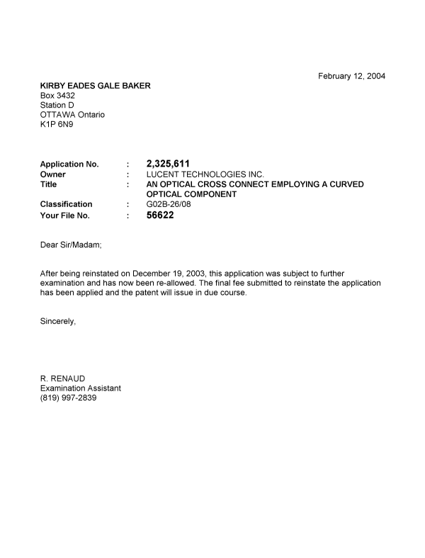 Document de brevet canadien 2325611. Poursuite-Amendment 20040212. Image 1 de 1