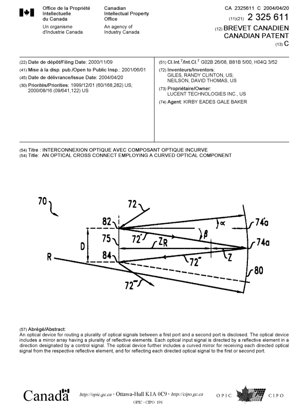 Document de brevet canadien 2325611. Page couverture 20040318. Image 1 de 1