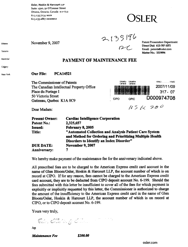 Document de brevet canadien 2325657. Taxes 20071109. Image 1 de 1