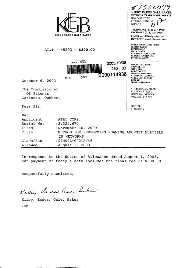 Canadian Patent Document 2325670. Correspondence 20031006. Image 1 of 1