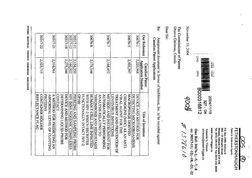Document de brevet canadien 2325715. Cession 20041119. Image 1 de 12