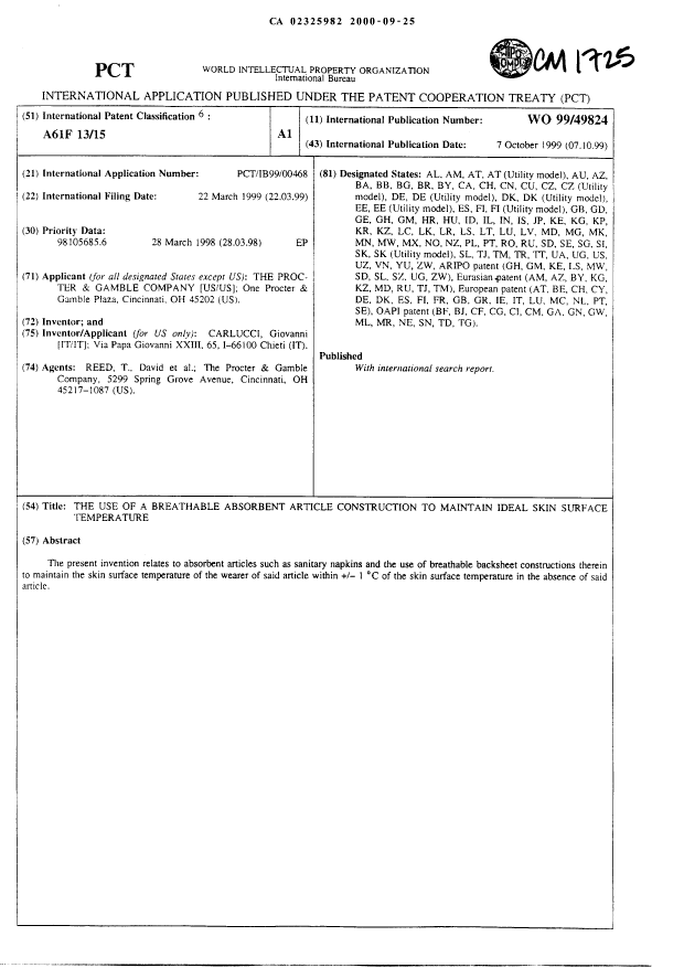 Document de brevet canadien 2325982. Abrégé 20000925. Image 1 de 1