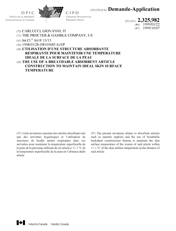 Document de brevet canadien 2325982. Page couverture 20010110. Image 1 de 1