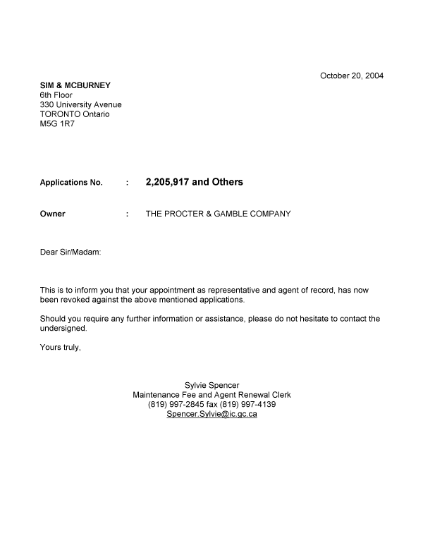 Document de brevet canadien 2325982. Correspondance 20041020. Image 1 de 1